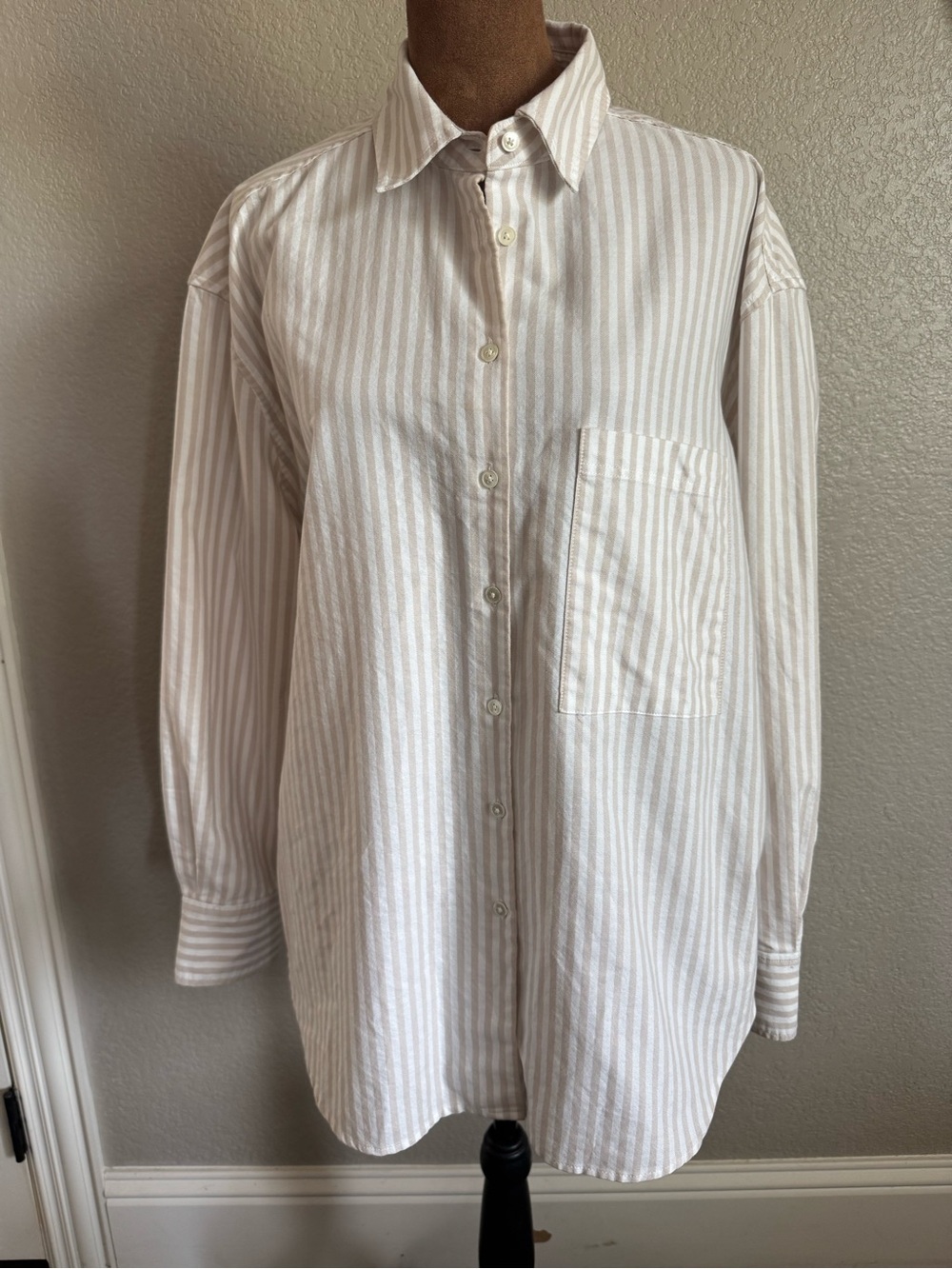 AYR The Deep End Striped Button Down Shirt Women’s L Tan White Oversized Cotton